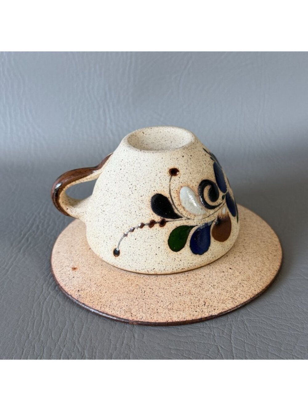 Vintage Tonala Mexico Studio Pottery Cup Saucer Set Signed Blue Butterfly 6" - Picture 11 of 14